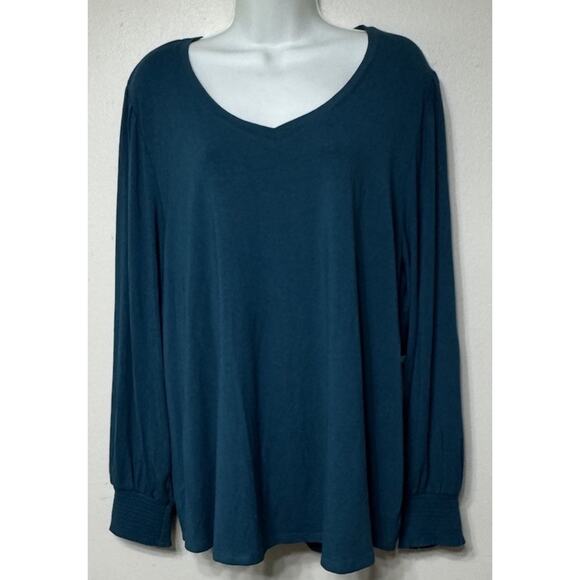 Chico’s top women’s Size XXL Teal V-neck Smocked Sleeve Blouse Pull-over NEW - Picture 1 of 10